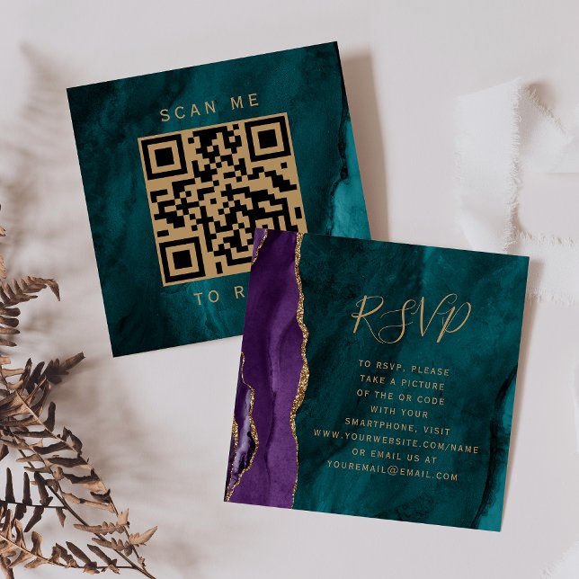 Budget Purple Gold Teal Agate Wedding QR Code RSVP Enclosure Card (Creator Uploaded)