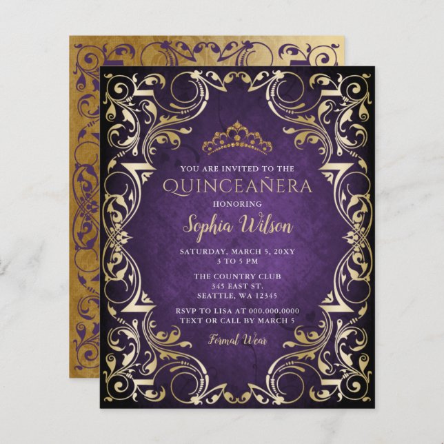 Budget Purple Gold Tiara Quinceañera Invitation (Front/Back)