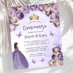 Budget Purple Ivory Floral Quinceañera Invite