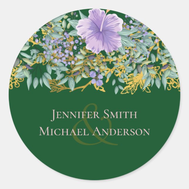 Budget Purple Lavender Floral Greenery Wedding Classic Round Sticker (Front)