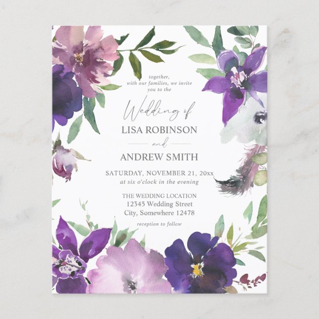 Budget Purple - Lavender & Violet Floral Wedding F Flyer (Front)