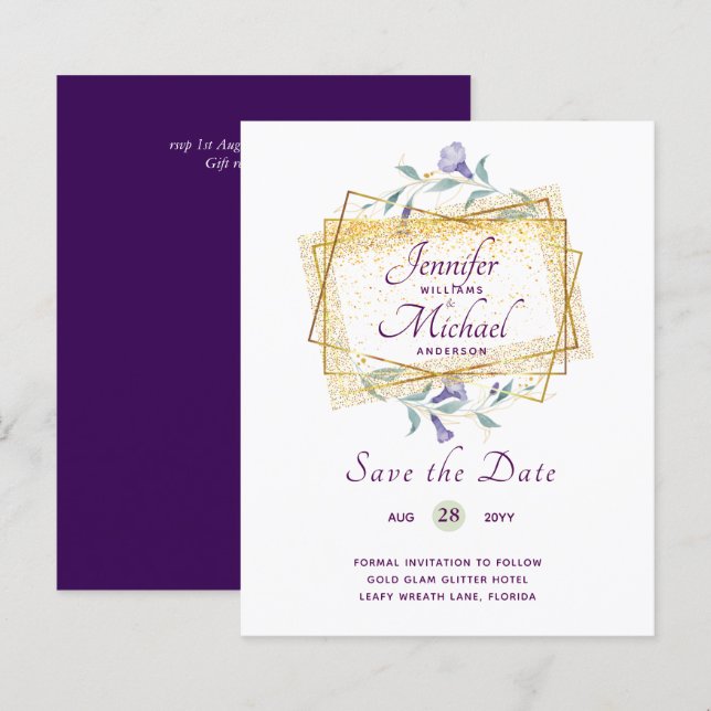 Budget Purple Leafy Floral Wedding Save Dates (Front/Back)