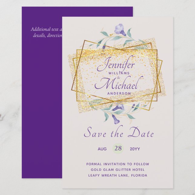 Budget Purple Leafy Floral Wedding Save Dates (Front/Back)