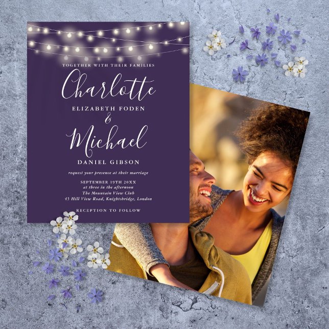 Budget Purple Lights Photo Wedding Invitation (Budget Purple Lights Photo Wedding Invitation)