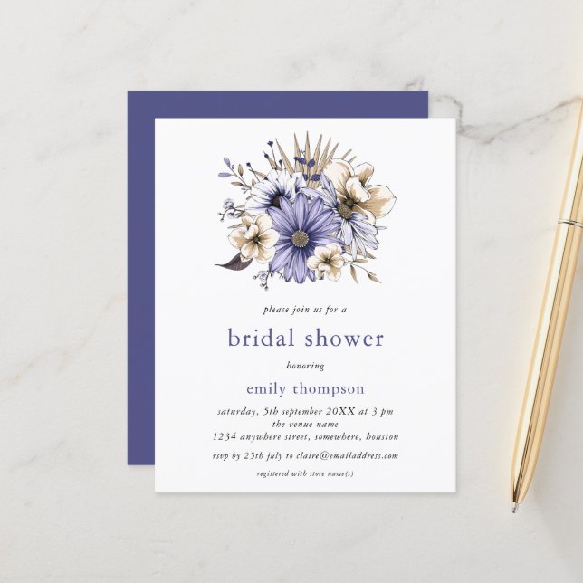 Budget Purple Lilac Florals Bridal Shower Invite (Front/Back In Situ)