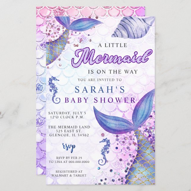 Budget Purple Mermaid Baby Shower Invitation (Front/Back)