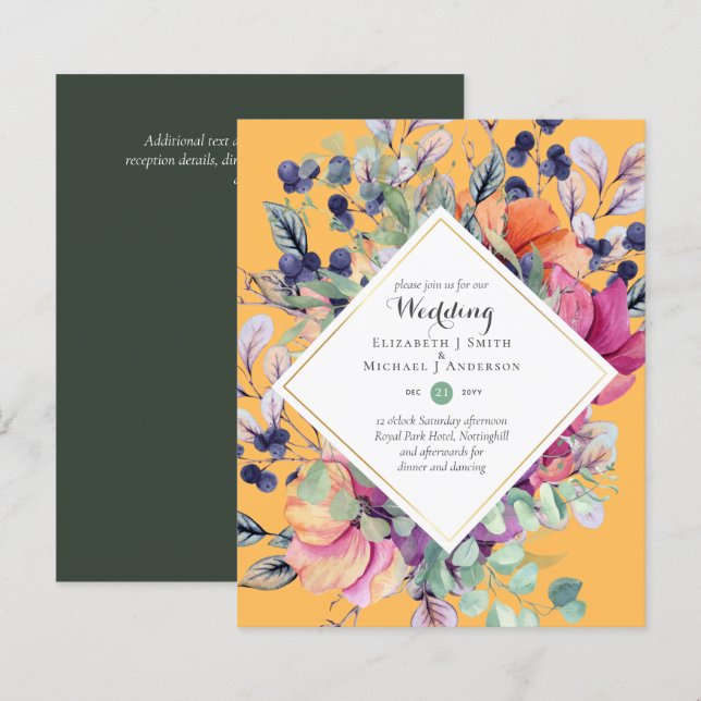 BUDGET Purple Orange Floral Wedding Invitations (Front/Back)