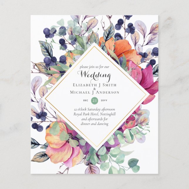 BUDGET Purple Orange Floral Wedding Invitations Flyer (Front)