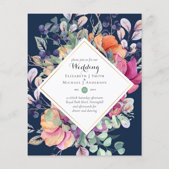 BUDGET Purple Orange Floral Wedding Invitations Flyer (Front)