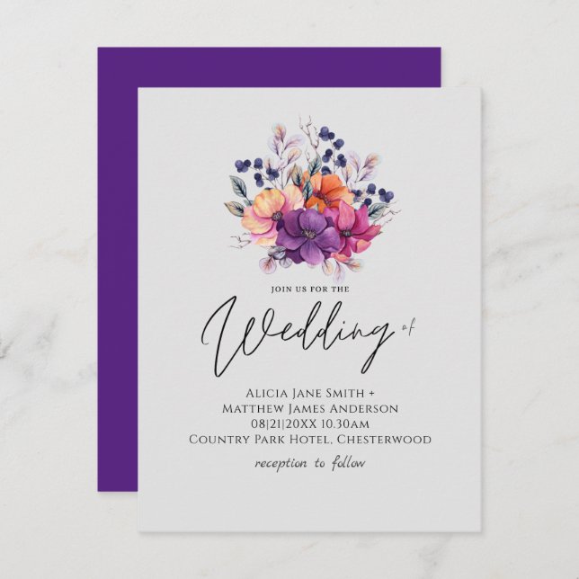 BUDGET Purple Orange Floral Wedding Invite (Front/Back)