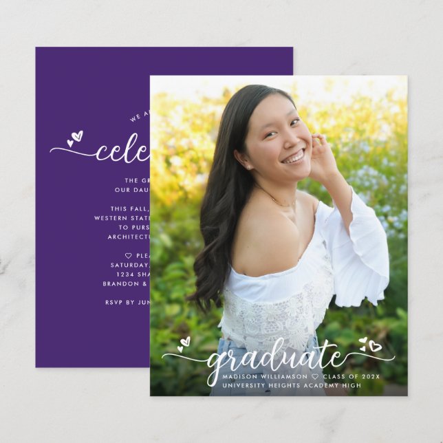 Budget Purple Photo Graduation Script Invitation  (Front/Back)