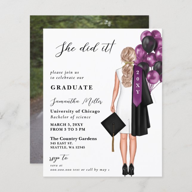 Budget Purple Photo She Did It Graduation Invite (Front/Back)