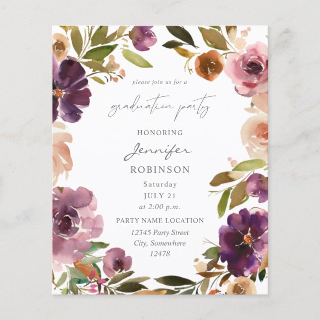 Budget Purple & Pink Floral Graduation Party Flyer (Front)