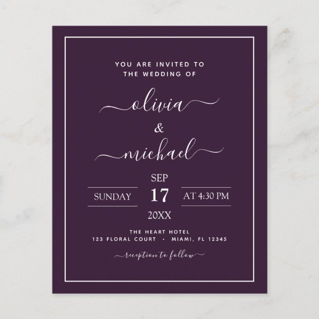 Budget Purple Plum Wedding Modern Typography Flyer (Front)