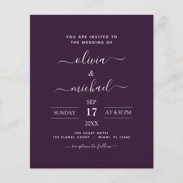 Budget Purple Plum Wedding Modern Typography Flyer (Front)