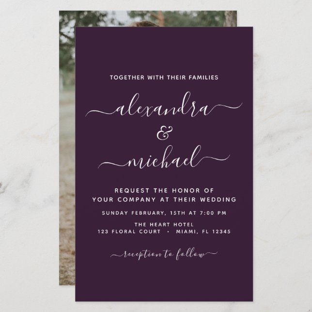 Budget Purple Plum Wedding with Photo Invitation (Front/Back)