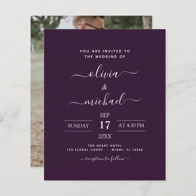 Budget Purple Plum Wedding with Photo Invitation (Front/Back)