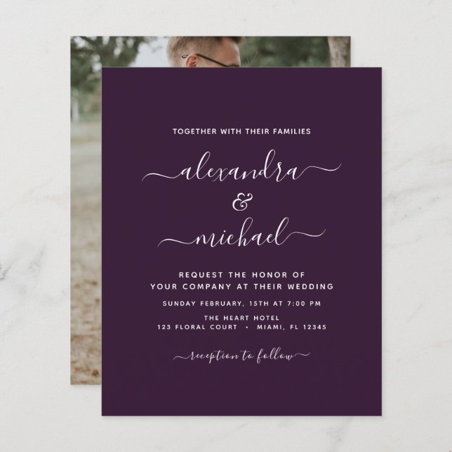 Budget Purple Plum Wedding with Photo Invitation (Front/Back)