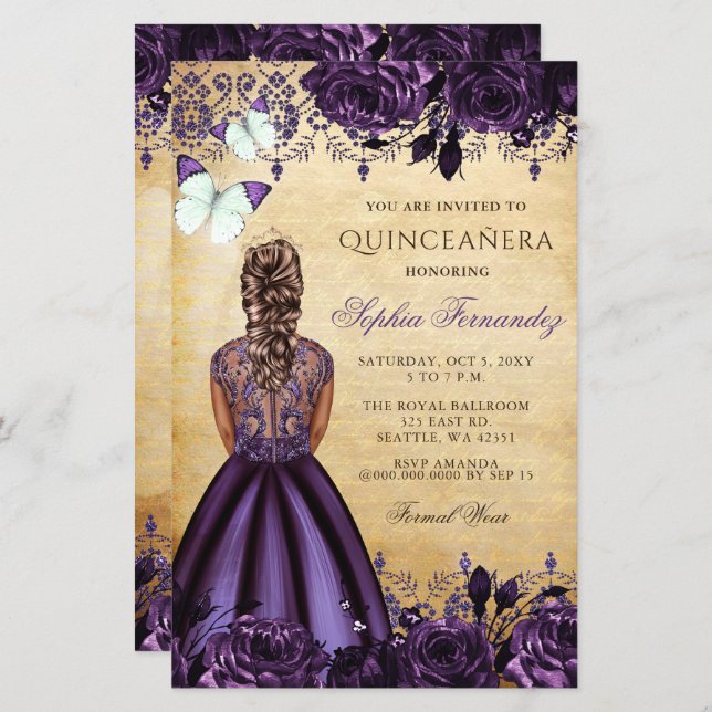 Budget Purple Princess Quinceañera Invitation (Front/Back)