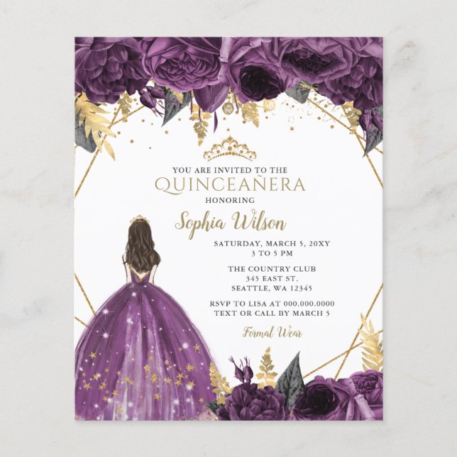 Budget Purple Princess Quinceañera Invitation (Front)