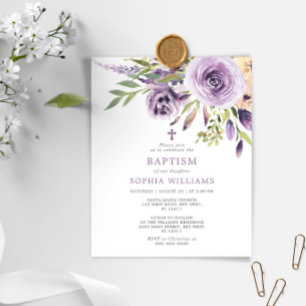 Budget Purple Rose Floral Baptism Invitation