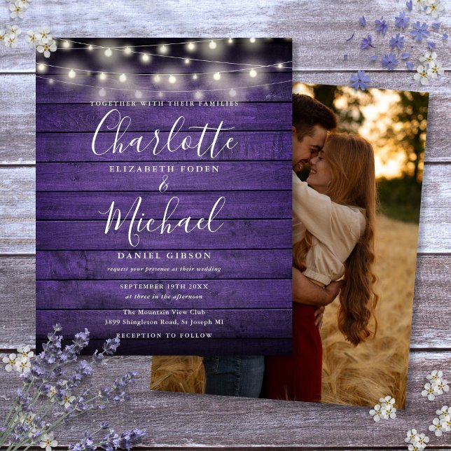 Budget Purple Rustic Lights Photo Wedding Invite (Budget Purple Rustic Lights Photo Wedding Invite)