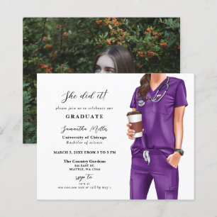 Budget Purple Scrubs Nurse Photo Graduation Invite