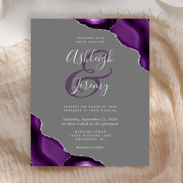 Budget Purple Silver Agate Grey Wedding Invite (Creator Uploaded)