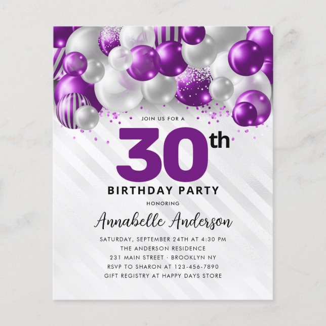 Budget Purple Silver Balloon Glitter 30th Birthday (Front)
