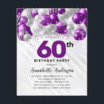 Budget Purple Silver Balloon Glitter 60th Birthday<br><div class="desc">Modern Glam Purple Violet Silver Balloon Glitter Sparkle Any Age Birthday Invitation</div>