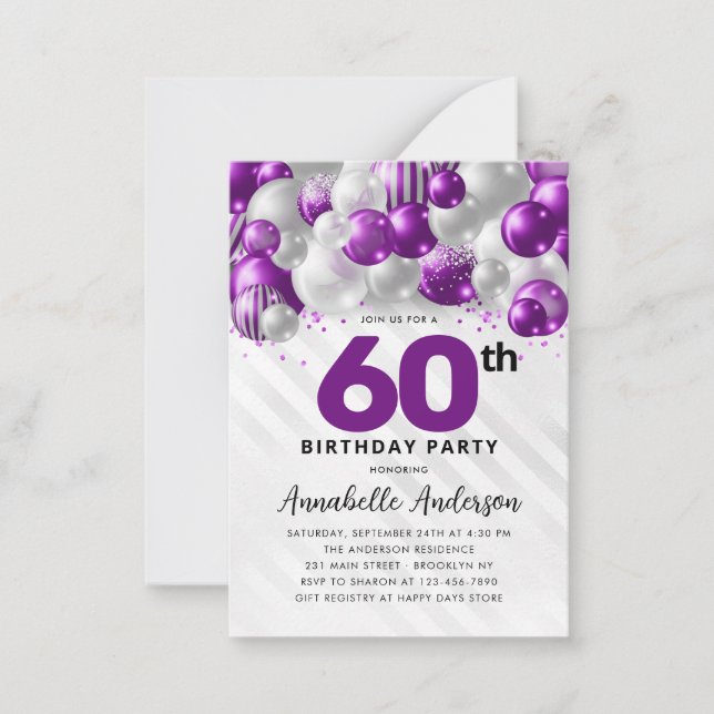 Budget Purple Silver Balloon Glitter 60th Birthday Card (Front)