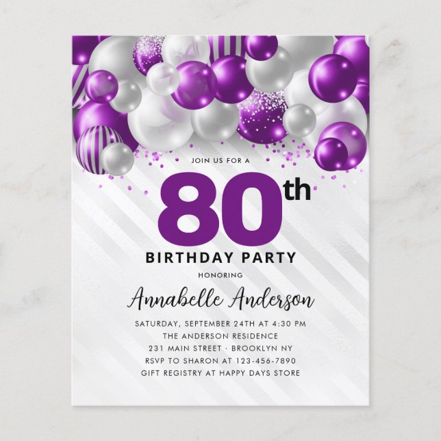 Budget Purple Silver Balloon Glitter 80th Birthday (Front)