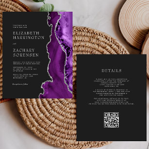 Budget Purple Silver Dark QR Code Wedding Invite