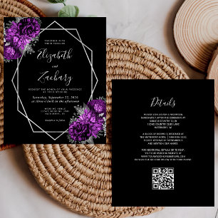 Budget Purple Silver Floral Black QR Code Wedding