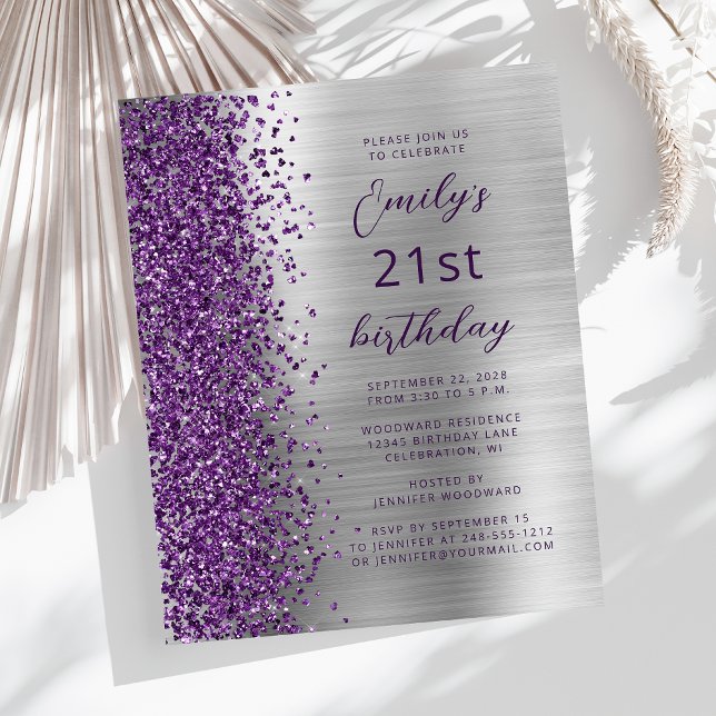 Budget Purple Silver Glam 21st Birthday Invite (Creator Uploaded)