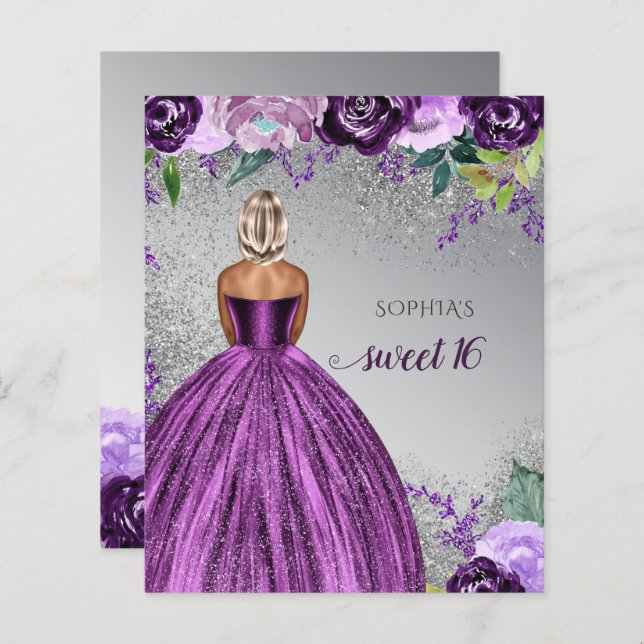Budget Purple Sparkle Dress Sweet 16 Invitation (Front/Back)