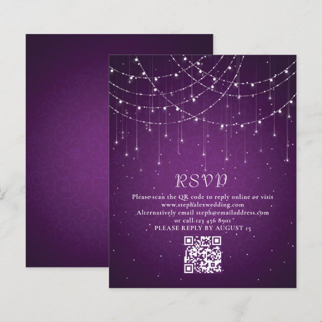 Budget Purple String Lights QR Code Wedding RSVP (Front/Back)