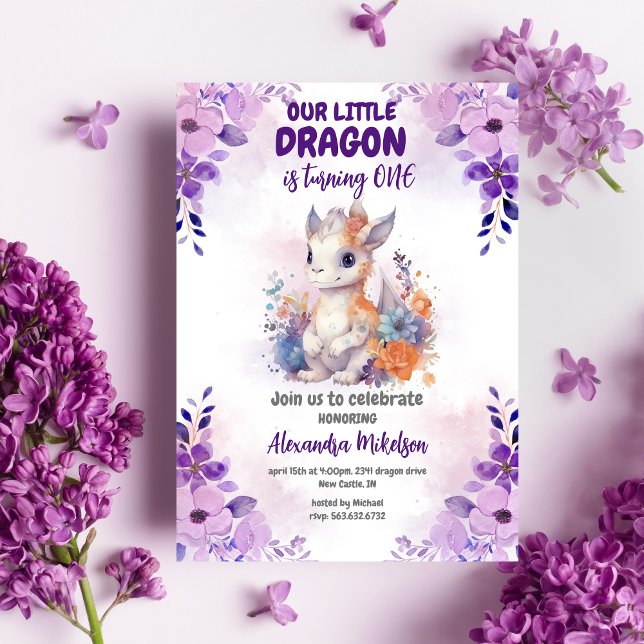 Budget Purple Watercolor Dragon Baby 1st Birthday (Creator Uploaded)