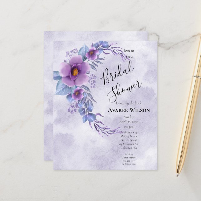 BUDGET Purple Watercolor Floral Bridal Shower (Front/Back In Situ)