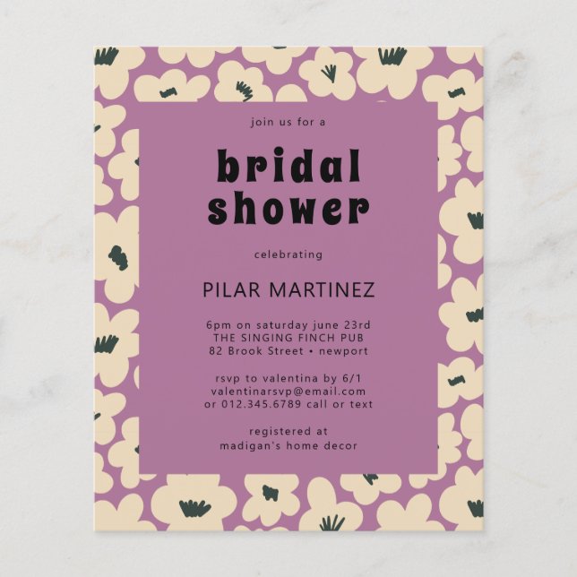 Budget Purple White Floral Bridal Shower Invite (Front)
