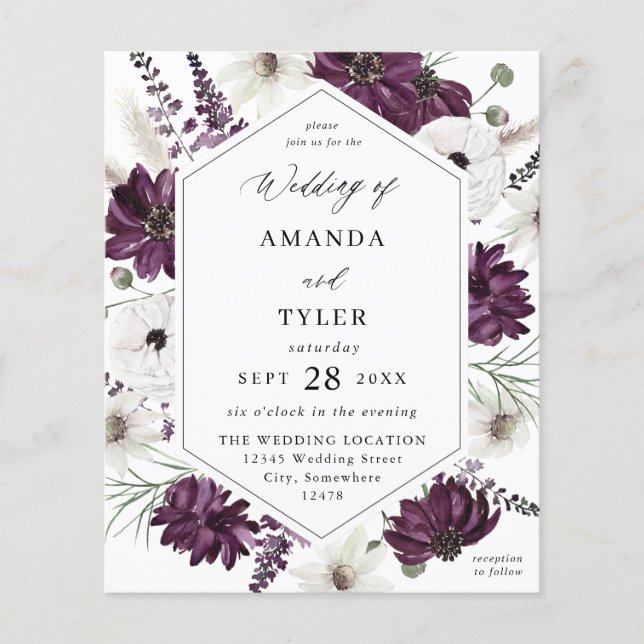 Budget Purple & White Floral Wedding Flyer (Front)