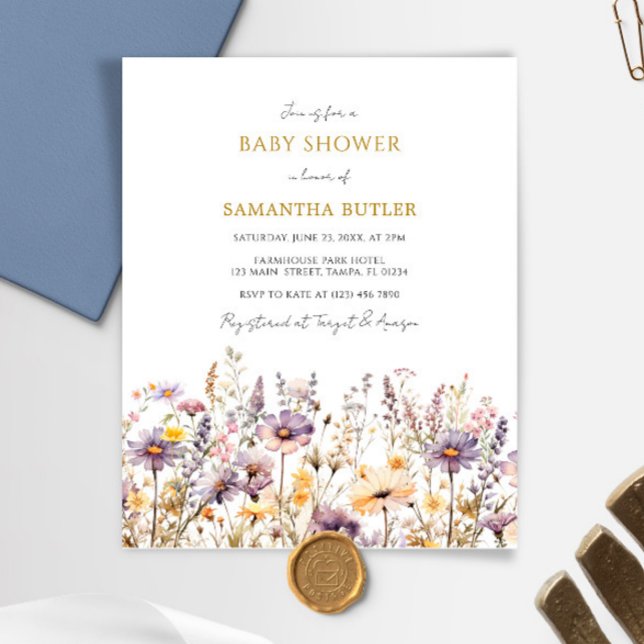 Budget Purple Wildflowers Baby Shower Invitation (Creator Uploaded)