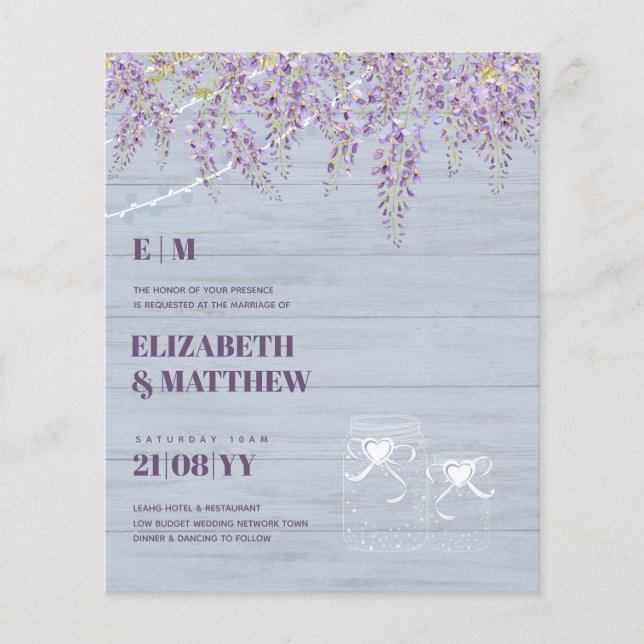 Budget Purple Wisteria Dusty Blue Wedding Flyer (Front)