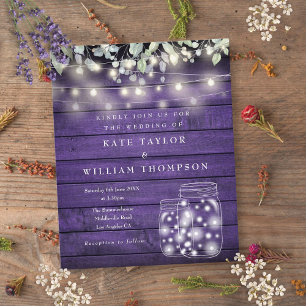 Budget Purple Wood Lights Mason Jar Wedding Invite