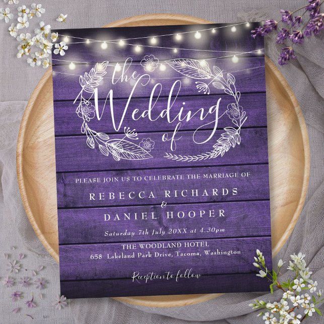 Budget Purple Wood String Light Wedding Invitation (Budget Purple Wood String Light Wedding Invitation)