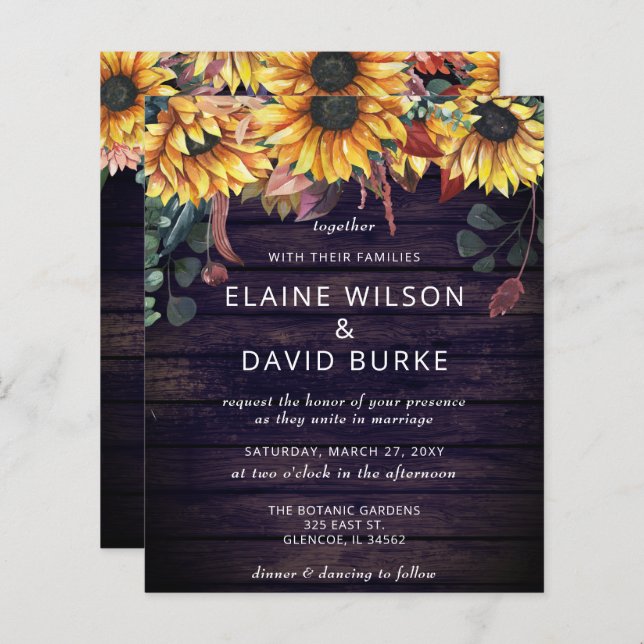 Budget Purple Wood Sunflowers Wedding Invitation (Front/Back)