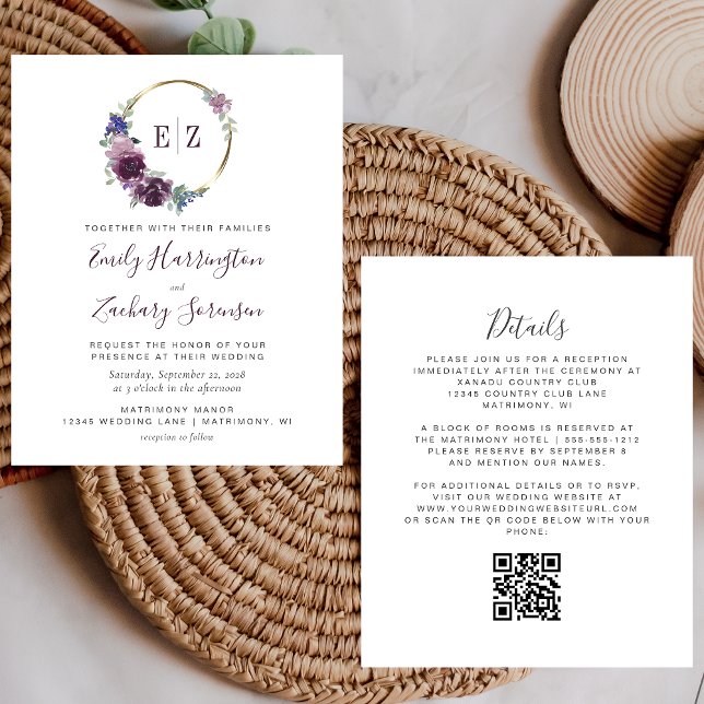 Budget Purple Wreath Monogram QR Code Wedding (Creator Uploaded)