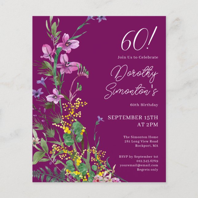 BUDGET Purple Yellow Floral 60th Birthday Invite (Front)