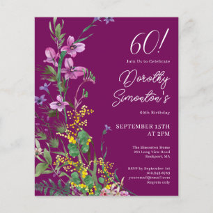 BUDGET Purple Yellow Floral 60th Birthday Invite