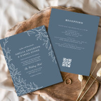 Budget QR Code Dusty Blue Leaf Wedding Invitation